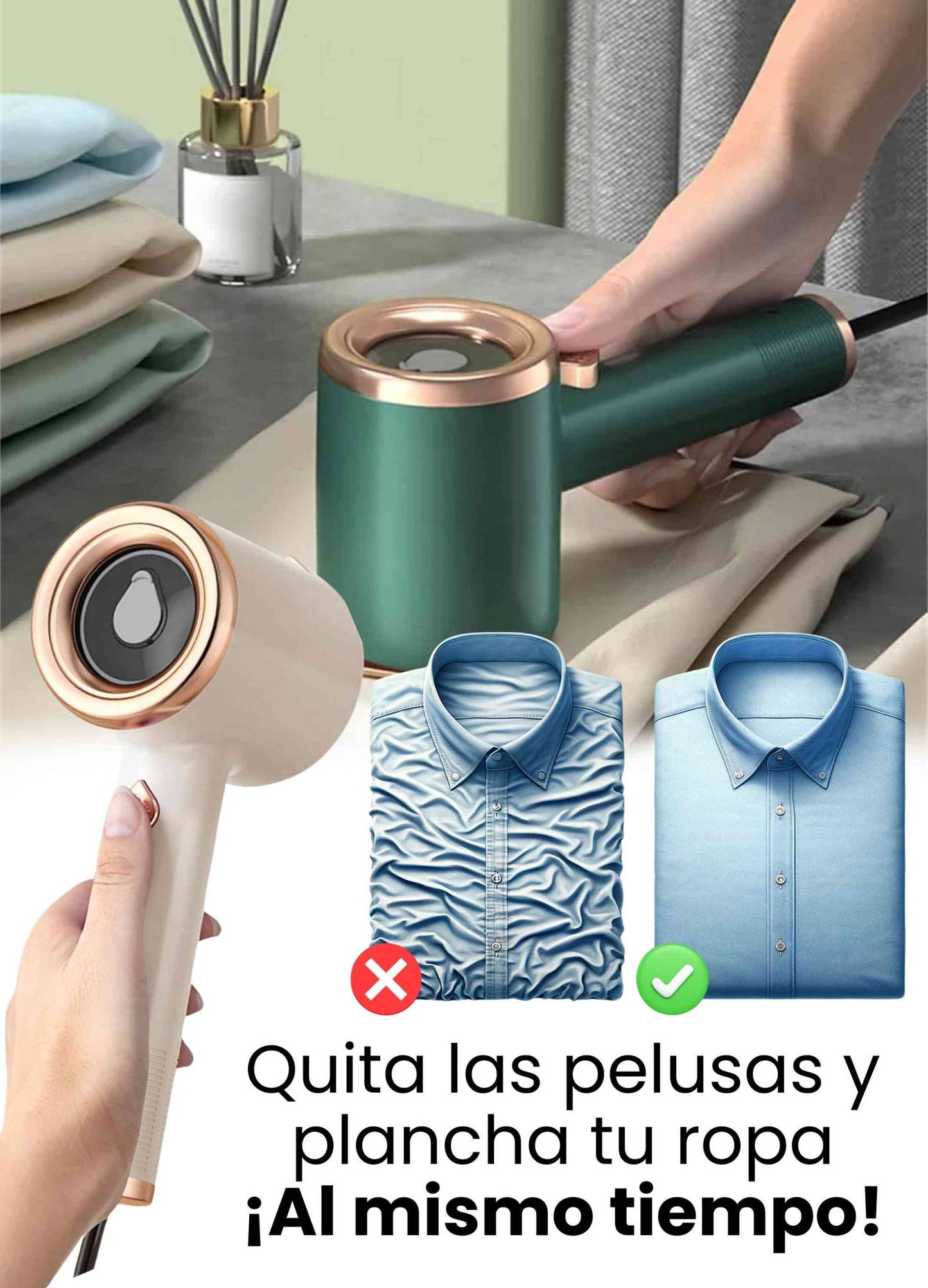 PLANCHA PORTÁTIL A VAPOR Y QUITA PELUSA 2X1